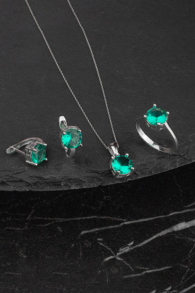 byess 925 Ayar Gümüş Su Yeşili Yuvarlak Set