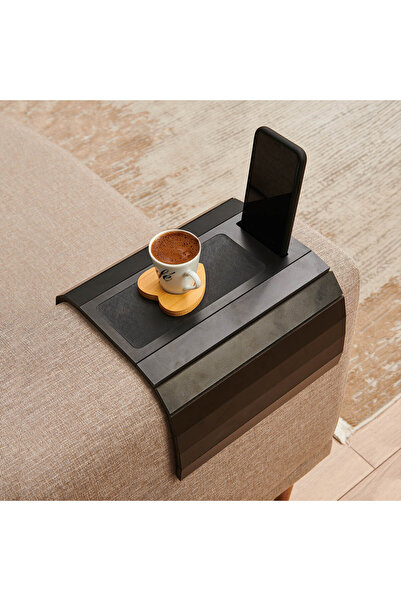 Leather Detailed Sofa Table with Phone Holder - Black