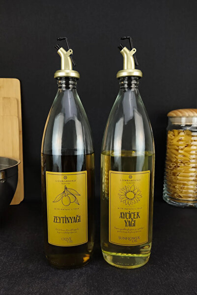 Digithome Lombardino Vetro 2-Piece Olive Oil Liquid Bottle Gold Label Oil Pot with Gold Stopper 1000 ml C320.016