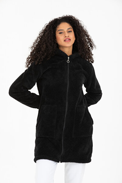MODA VUSLAT Kadın Siyah Uzun Fermuarlı Polar Hırka
