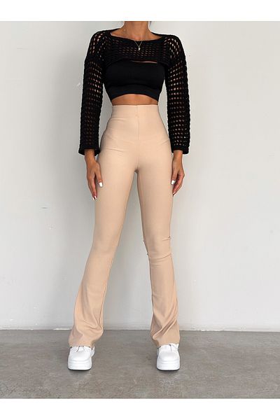 QUTTA Women's Beige High Waist Flare Leg Ribbed Ottoman Trousers