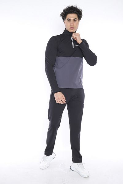 NEED LİFE Men's Black Smoked Diver Fabric Half Zip Slim Fit Tracksuit Set