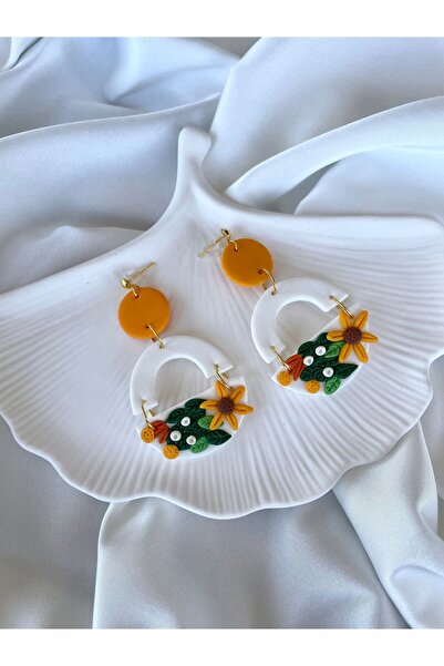 TREND Miyamila Koleksiyonu Özel Tasarım El Yapımı Ayçiçek Polimer Kil Çiçek Küpe