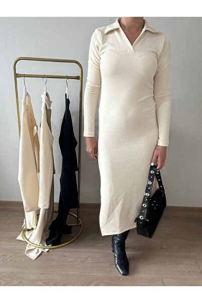 sienna Uzun Kollu Polo Yaka Midi Boy Çift Yırtmaçlı Triko Elbise