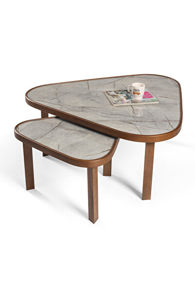 Eymense Leon Gri Mermerli Ceviz Yan Sehpalı İkili Orta Sehpa