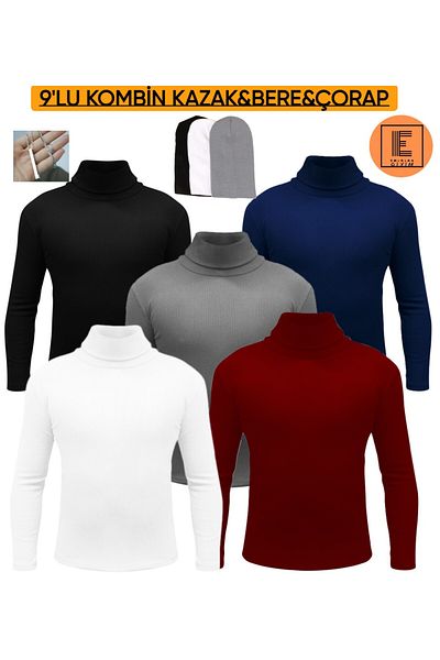 EMKA GİYİM 9-Piece Combination Turtleneck Knitwear Sweater Beret And Necklace