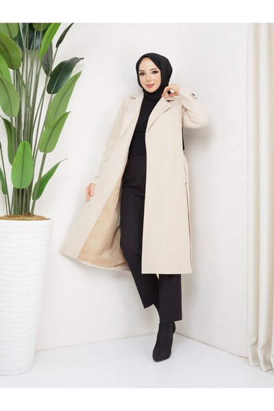 KMKkombin KMKKOMBİN WOMEN'S BUTTONLESS BELTED SLEEVE CUFFED CACHET COAT