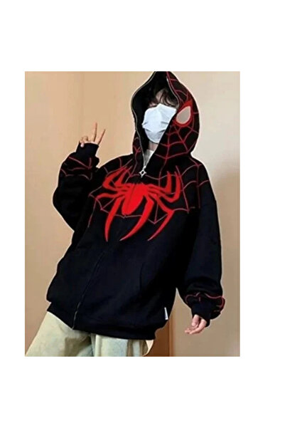 Gofeel Y2k Tech Siyah Kapüşonlu Spiderman Maske Hırka