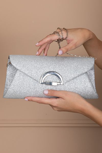 ROZA CANTA Γυναικείο βραδινό φόρεμα Silver Glitter, Clutch βραδινή τσάντα