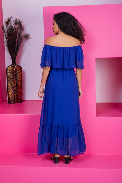 Azra Style Rochie lungă din șifon cu volane pentru femei Saks Blue Fusta 4009