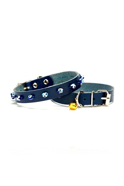 Doggie Deri Nazar Boncuklu Yavru Ve Küçük Irk Köpek Tasması 1,5x29 Cm Mavi Xl...