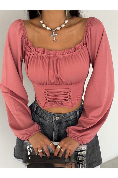 QUTTA Cherry Color Balloon Sleeves - Madonna Collar Corset Crop Μπλούζα