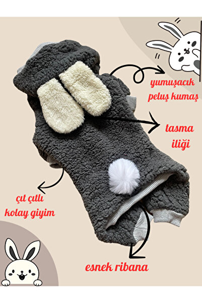Barneystore Kedi Köpek Gri Peluş Kulaklı Tavşan Tulum (ÇIT ÇITLI)