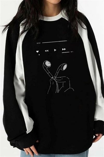 Gofeel Unisex Μαύρο Φούτερ - Day Light Playlist Ακουστικά με στάμπα, Oversize Crew Neck