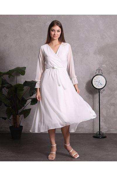 Azra Style Γυναικείο φόρεμα με διπλό γιακά ζωσμένο λευκό σιφόν 4018