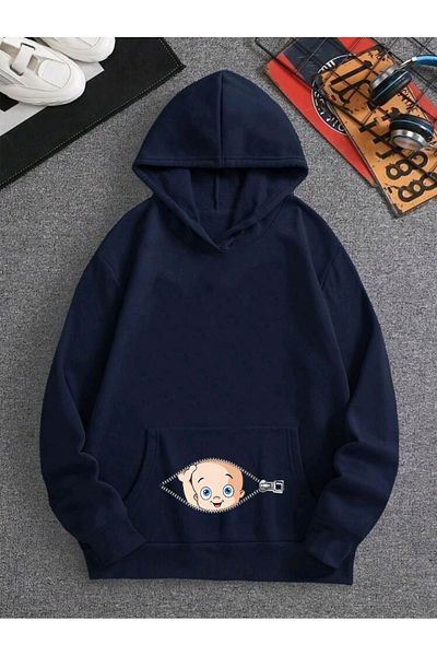 caxis Women's Zipper Baby Printed Maternity Oversize Pocket Hooded Sweatshirt