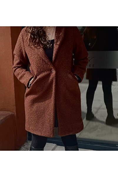 Alegante Kadın Önden Düğmeli Buklet Kahve Rengi Kaban