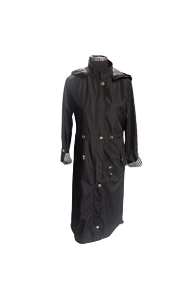 ZY BUTİK SİYAH BELİ BUZGÜLÜ KAPÜŞONLU TRENÇKOT