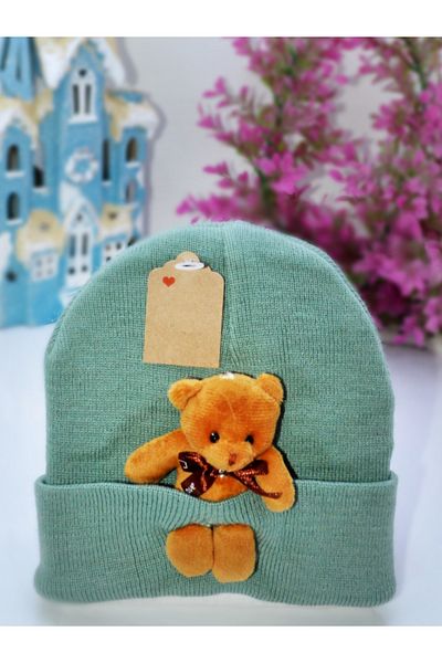ARL Green Soft Textured Winter Beanie with Teddy Bear for Kids, Beanie with Favorite Teddy Bear Figure Winter Fashion