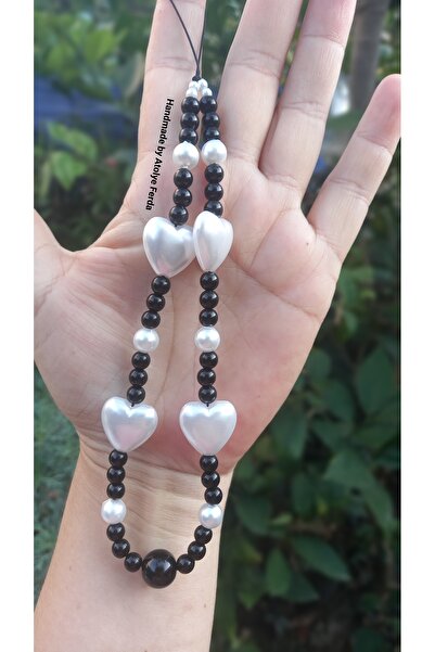 Atolye Ferda Black Beaded Phone Charm Phone Ornament with Pearl and Heart Figure