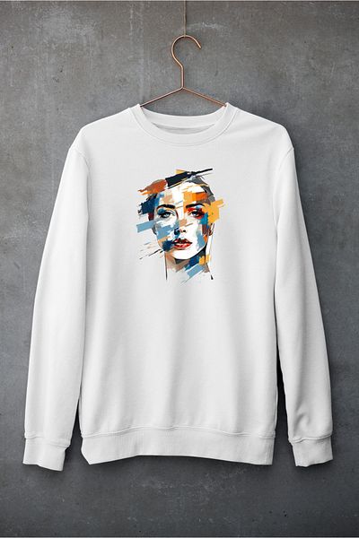 Raf Coll Hanorac unisex oversize cu decolteu rotund pentru femei, cu design facial, imprimat digital, cu două fire în interior