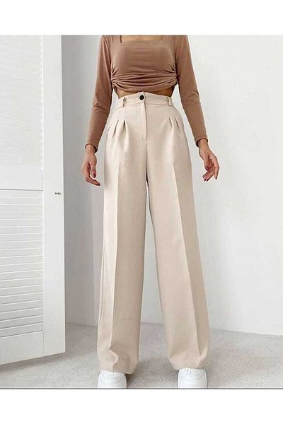ButikDina Women's Stone Color Pleated Fabric Palazzo Trousers