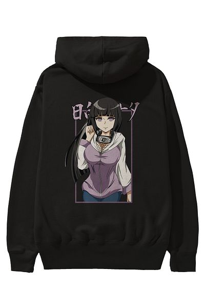 Ankhises Hinata NARUTO Hanorac negru supradimensionat cu glugă, cu imprimeu pe spate, bărbați, femei