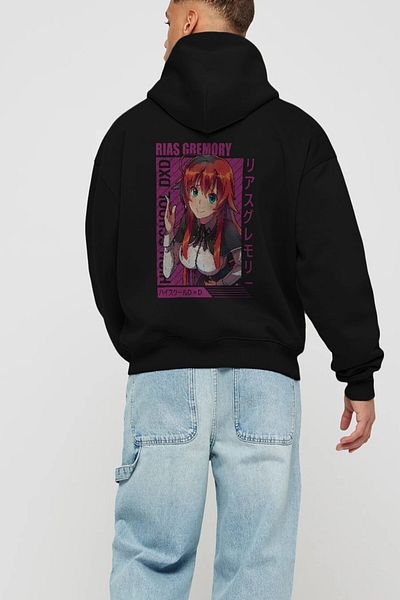 Ankhises Rias Gremory 10 Hanorac negru supradimensionat cu glugă, imprimat pe spate, bărbați, femei