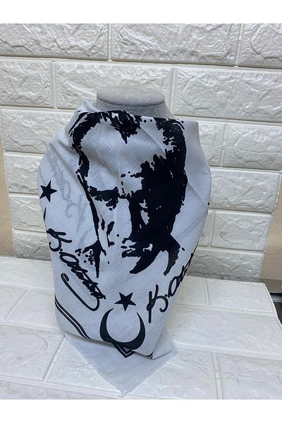 sema aksesuar 10 Cut Special White Atatürk Silhouette and Signature Crescent and Star Cotton Fabric Scarf - Bandana