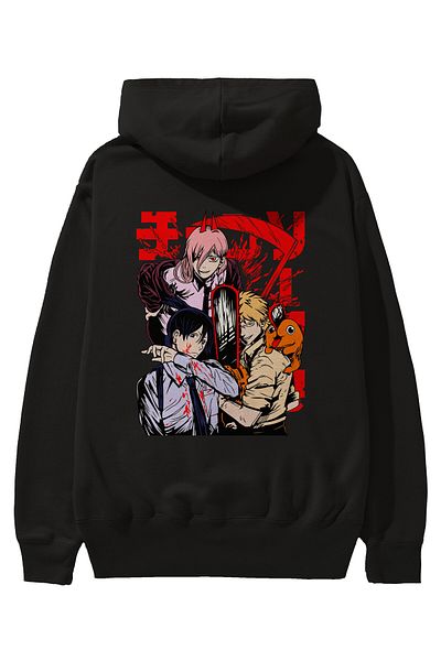 Ankhises CHAINSAWMAN CREW Hanorac negru supradimensionat cu glugă cu imprimeu pe spate Anime Bărbați Femei