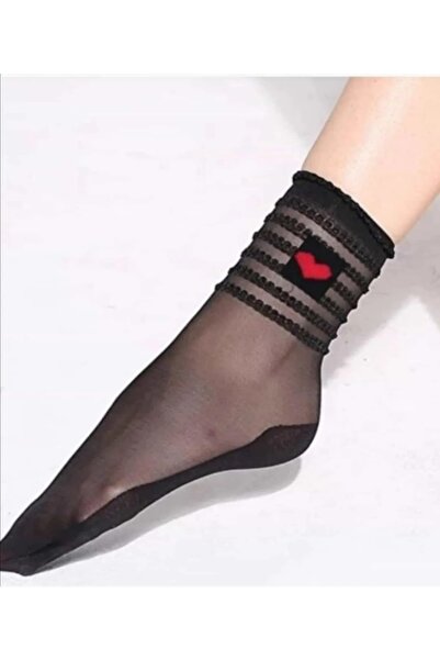 AROM Kadın Siyah Kalp Desenli Tül Pantolon Çorap 3 Çift