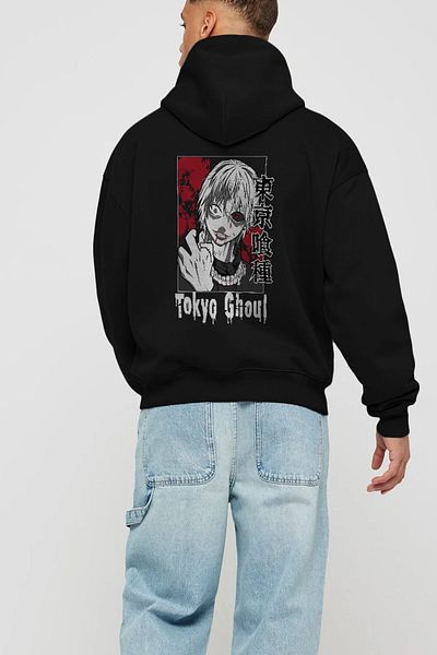 Ankhises Kaneki Ken TOKYO GHOUL Hanorac negru supradimensionat cu glugă, cu imprimeu pe spate, bărbați, femei
