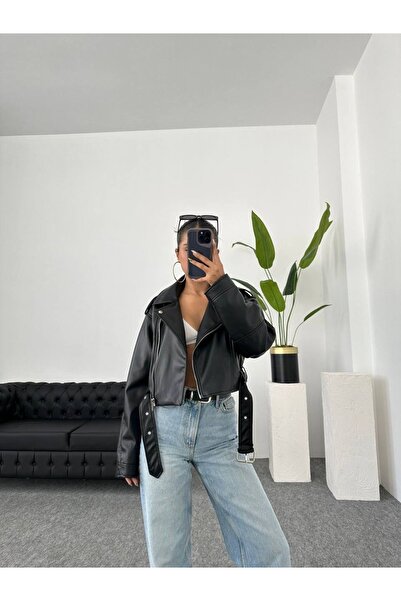 Ekim Store Jachetă de piele pentru motociclist cu centură pentru femei