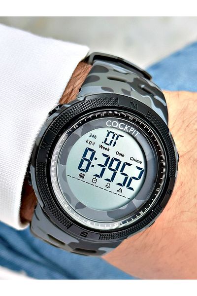 Cockpit Digital Men's Wristwatch with Silicone Strap 5 ATM Waterproof Alarm and Illuminated Stopwatch