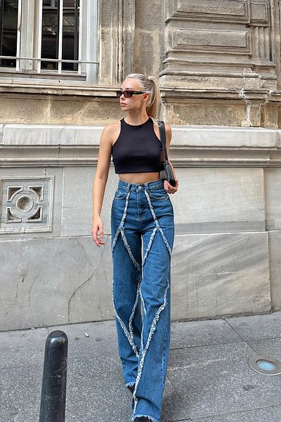 Swist Blue Flared High Waist Tassel Detail Women's Denim Pants