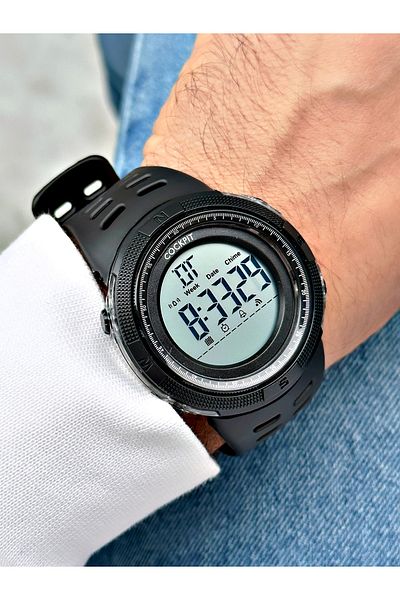 Cockpit Digital Men's Wristwatch with Silicone Strap 5 ATM Waterproof Alarm and Illuminated Stopwatch