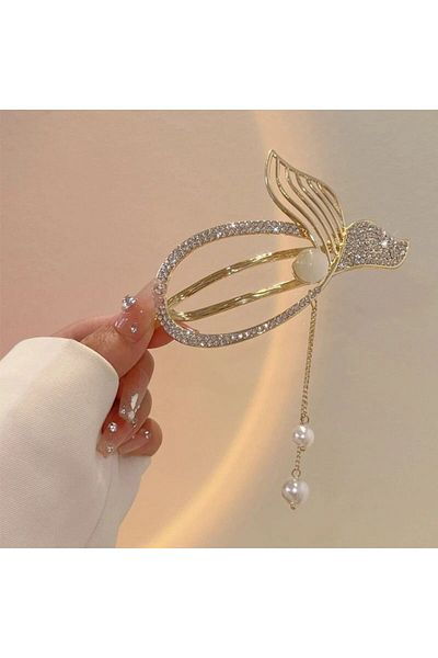 QUEEN AKSESUAR ذيل سمكة حورية البحر المعدني - مشبك مزلاج نسائي مرصع بالأحجار واللؤلؤ