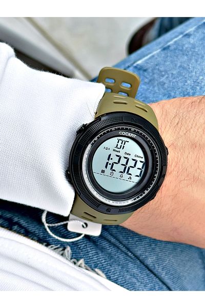 Cockpit Digital Men's Wristwatch with Silicone Strap 5 ATM Waterproof Alarm and Illuminated Stopwatch