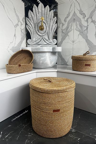 Türkmen Ev Tekstil Γιούτα, Ψάθινο, Σετ Καλαθιών, Σετ Μπάνιου, Οργανωτής, Καλάθι Πλυντηρίου, 2 Οβάλ Καλάθια, Καλάθι 1 Καπακιού