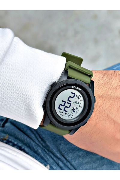 Cockpit Digital Men's Wristwatch with Silicone Strap 5 ATM Waterproof Alarm and Illuminated Stopwatch