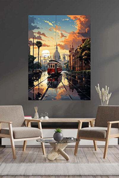 EMİLART YAĞLI BOYA GÖRÜNÜMLÜ İSTANBUL GÜN BATIMINDA TREN HD KANVAS TABLO