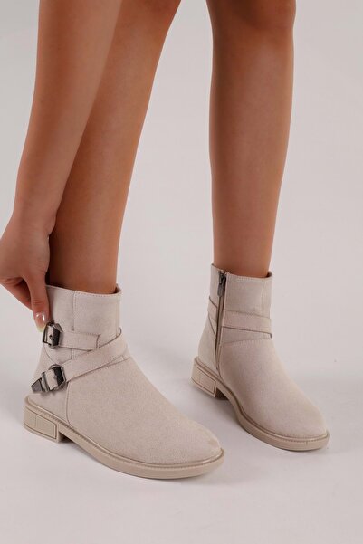 Shoeberry Női Sukie bézs velúr csatos lapos sarkú csizma bézs velúr