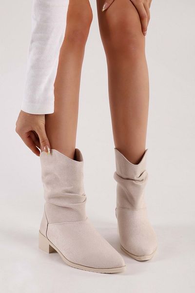 Shoeberry Γυναικείες Μπότες Μπεζ Suede Gusseted - Flat Heeled