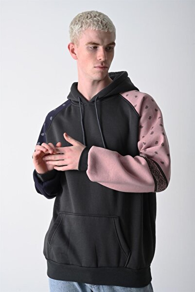 Slatra Men's Black Sleeve Patterned Hooded Oversize Sweatshirt