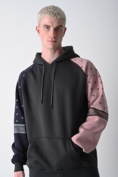 Slatra Men's Black Sleeve Patterned Hooded Oversize Sweatshirt