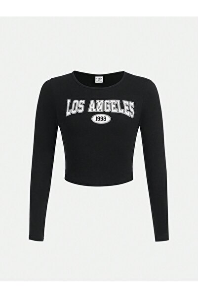 Jose Clothing Bluză cu mânecă lungă, cu mânecă lungă, din bumbac organic, cu imprimeu negru, cu decolteu rotund, în stil Y2K