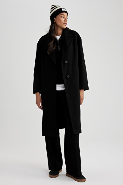 DeFacto Dwurzędowy kołnierz i zapinany na guziki wełniany długi płaszcz ze wzorem - A2480Ax23Wn