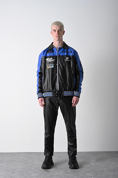 Slatra Men's Blue Racing Biker Fully Embroidered Lined Leather Jacket
