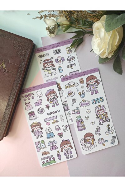 Flowery Paper Mor Sevimli Kız 3'lü Sticker Set - Defter ,Ajanda , Journal,Scr...