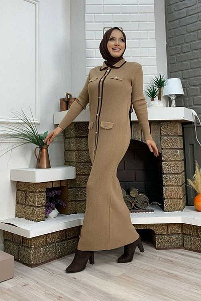 Bym Fashion Κουμπί Λεπτομερής Pocket Look Πλεκτό στενό φόρεμα 23312 Tan